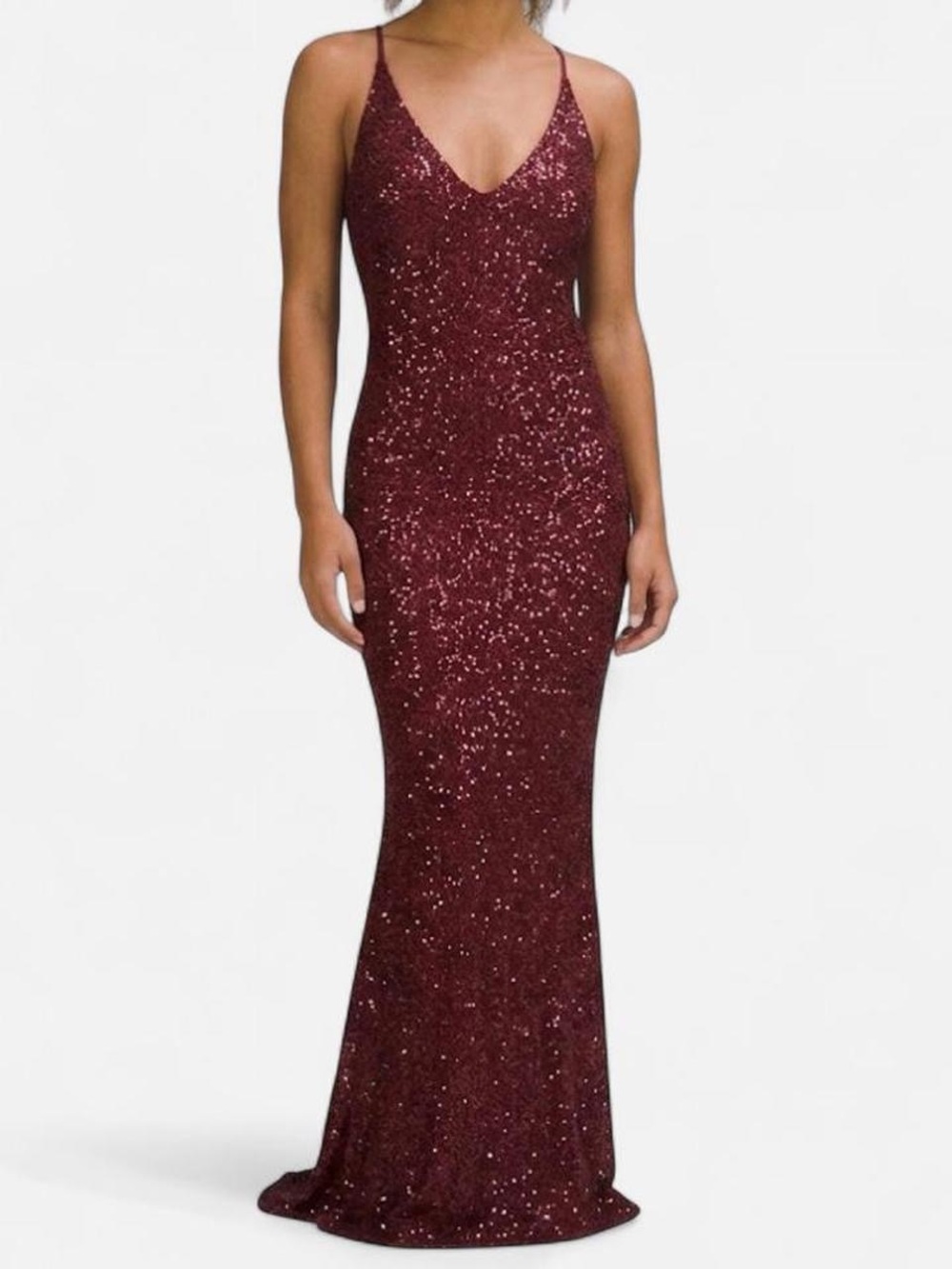 Sequin Spaghetti-Strap Evening Gown in Burgundy